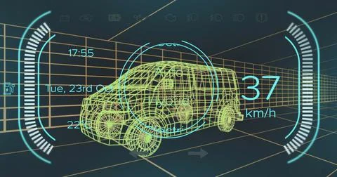 Image of speedometer and power status data on hybrid vehicle interface, over 3d Stock Illustration