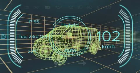 Image of speedometer and power status data on hybrid vehicle interface, over 3d Stock Illustration
