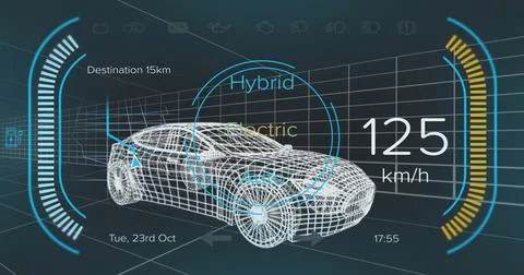 Image of speedometer and power status data on hybrid vehicle interface, over 3d Stock Illustration