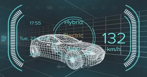 Image of speedometer and power status data on hybrid vehicle interface, over 3d Ilustração Stock