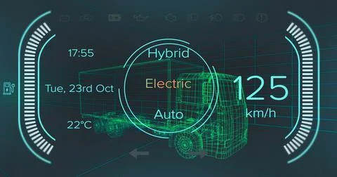 Image of speedometer and power status data on hybrid vehicle interface, over 3d Stock Illustration