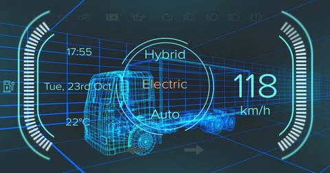 Image of speedometer and power status data on hybrid vehicle interface, over 3d Stock Photos