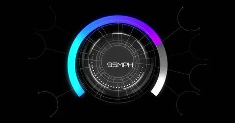 Image of speedometer and shapes on black background Stock Illustration