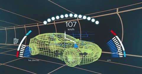 Image of speedometer data processing over 3d car drawing 스톡 사진