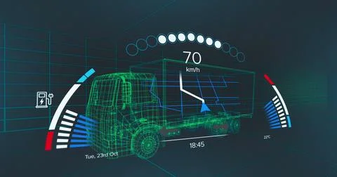 Image of speedometer data processing over 3d truck drawing 스톡 사진