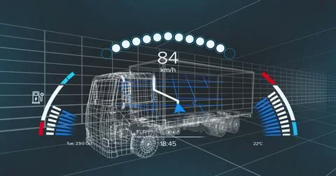 Image of speedometer data processing over 3d truck drawing 스톡 사진