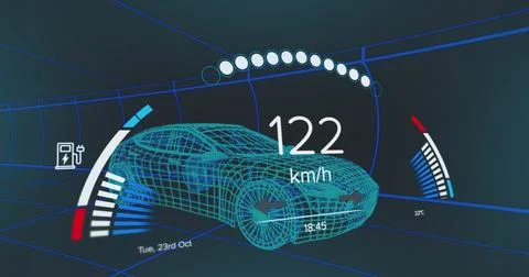 Image of speedometer data processing over 3d car drawing in background Stock Photos