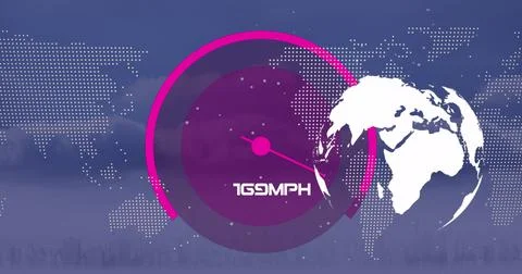 Image of speedometer, globe and world map over cityscape Illustrazione stock