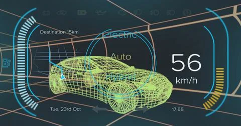 Image of speedometer, gps and charge status data on hybrid car interface, over Stock Illustration