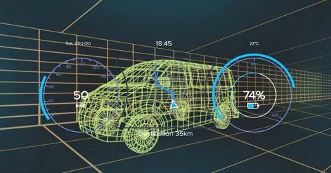Image of speedometer, gps and charge status data on vehicle interface, over 3d Stock Illustration
