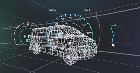 Image of speedometer, gps and charge status data on vehicle interface, over 3d Stock Illustration