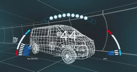 Image of speedometer, gps and charge status data on vehicle interface, over 3d Stock Illustration