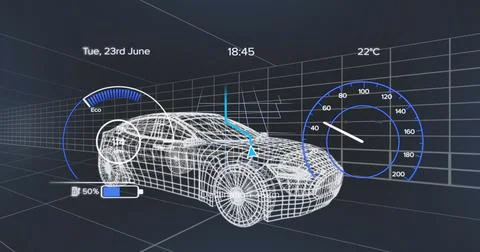Image of speedometer, gps and charge status data on vehicle interface, over 3d Stock Illustration