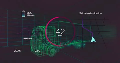 Image of speedometer, gps and charge status data on vehicle interface, over 3d Stock Illustration
