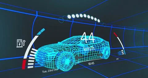 Image of speedometer, gps and charge status data on vehicle interface, over 3d Stock Illustration
