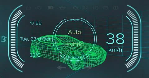 Image of speedometer, gps and charge status data on hybrid car interface, over Stock Illustration