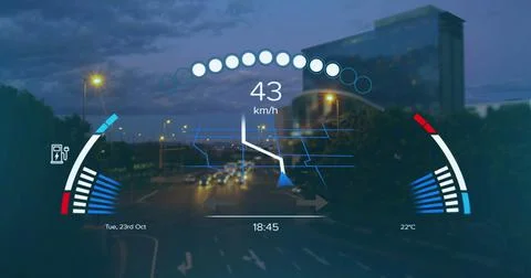 Image of speedometer, gps and charge data on interface, over sped up city Illustrazione stock