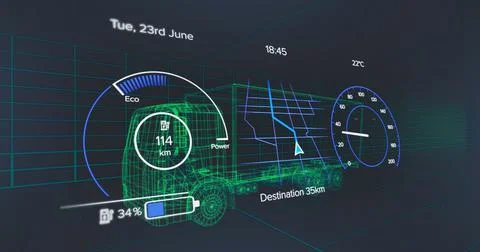 Image of speedometer, gps and charge status data on vehicle interface, over 3d Stock Illustration