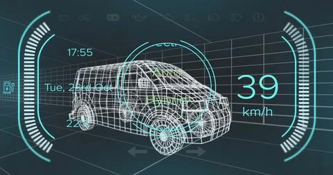 Image of speedometer, gps and charge status data on hybrid van interface, over Stock Illustration