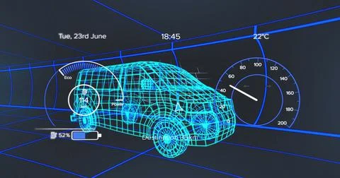Image of speedometer, gps and charge status data on vehicle interface, over 3d Stock Illustration
