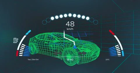 Image of speedometer, gps and charge status data on vehicle interface, over 3d Stock Illustration