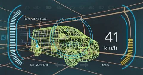 Image of speedometer, gps and charge status data on hybrid van interface, over Stock Illustration