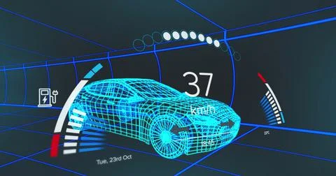 Image of speedometer, gps and charge status data on vehicle interface, over 3d Stock Illustration