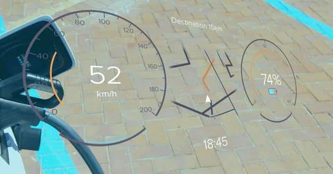 Image of speedometer, gps and charge status data on interface, over charging Stock Illustration