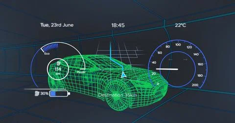 Image of speedometer, gps and charge status data on vehicle interface, over 3d Stock Illustration