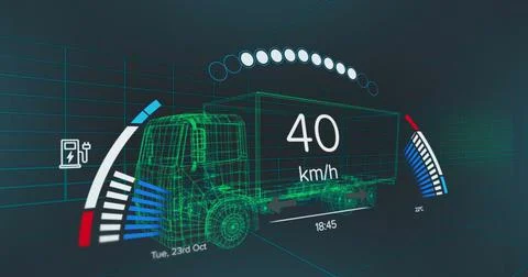 Image of speedometer, gps and charge status data on vehicle interface, over 3d Stock Illustration