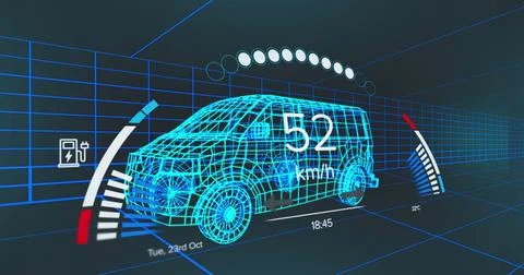 Image of speedometer, gps and charge status data on vehicle interface, over 3d Stock Illustration