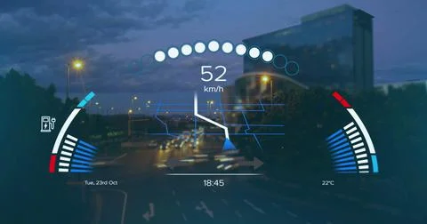 Image of speedometer, gps and charge data on interface, over sped up city Illustrazione stock