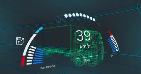 Image of speedometer, gps and charge status data on vehicle interface, over 3d Stock Illustration