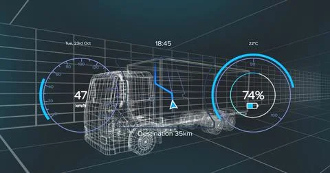 Image of speedometer, gps and charge status data on vehicle interface, over 3d Stock Illustration