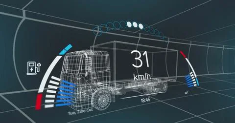 Image of speedometer, gps and charge status data on vehicle interface, over 3d Stock Illustration
