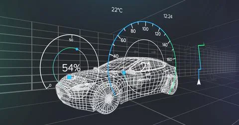 Image of speedometer, gps and charge status data on vehicle interface, over 3d Stock Illustration