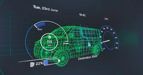Image of speedometer, gps and charge status data on vehicle interface, over 3d Stock Illustration