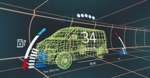 Image of speedometer, gps and charge status data on vehicle interface, over 3d Stock Illustration