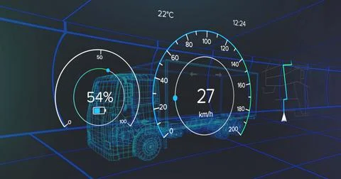 Image of speedometer, gps and charge status data on vehicle interface, over 3d Stock Illustration