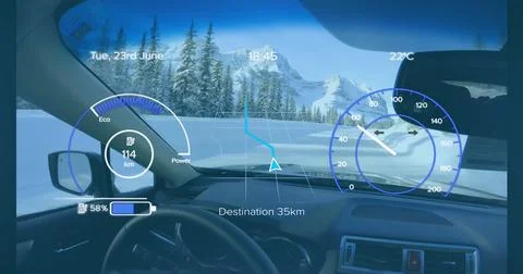 Image of speedometer, gps and charge data on interface, over car interior in Stock Illustration