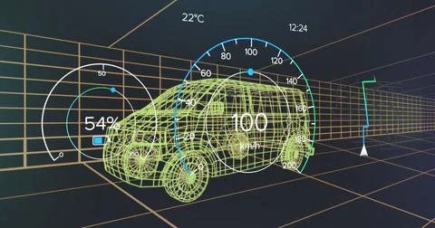 Image of speedometer, gps and charge status data on vehicle interface, over 3d Stock Illustration