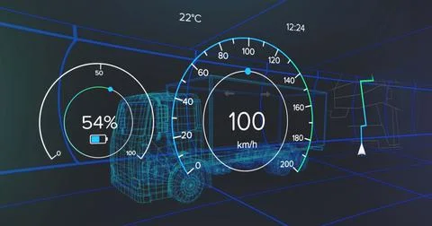 Image of speedometer, gps and charge status data on vehicle interface, over 3d Stock Illustration