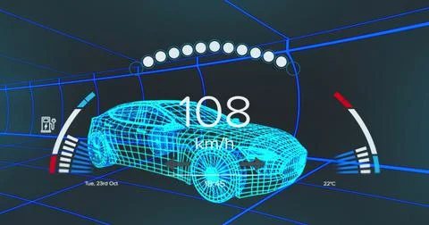 Image of speedometer, gps and charge status data on vehicle interface, over 3d Stock Illustration