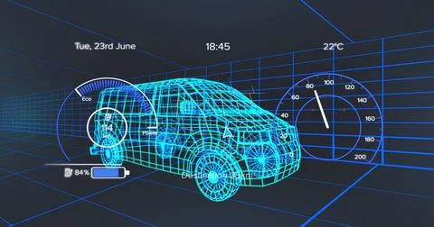 Image of speedometer, gps and charge status data on vehicle interface, over 3d Stock Illustration