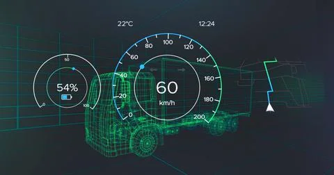 Image of speedometer, gps and charge status data on vehicle interface, over 3d Stock Illustration
