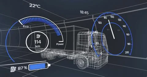 Image of speedometer, gps and charge status data on vehicle interface, over 3d Stock Illustration