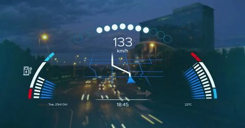 Image of speedometer, gps and charge data on interface, over sped up city Stock Illustration