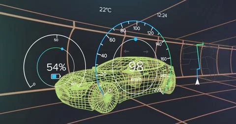 Image of speedometer, gps and charge status data on vehicle interface, over 3d Stock Illustration