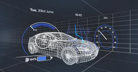Image of speedometer, gps and charge status data on vehicle interface, over 3d Stock Illustration