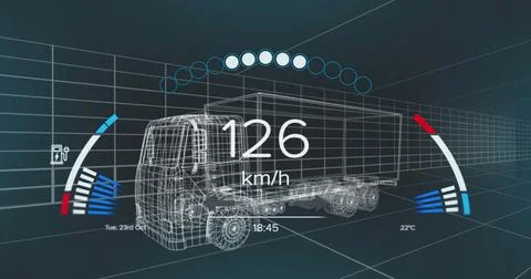 Image of speedometer, gps and charge status data on vehicle interface, over 3d Stock Illustration